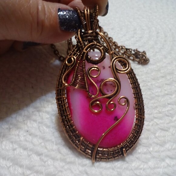 Gorgeous PINK DENDRITE OPAL Handmade COPPER WIRE-WRAPPED Pendant/Chain #19D - Picture 2 of 3